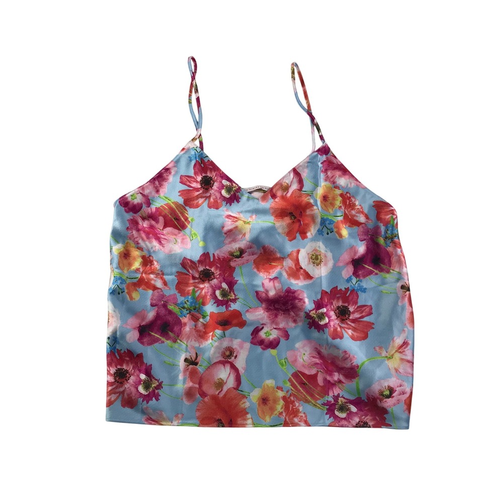 Victoria's Secret Floral Poppy Satin Camisole Top Blue Pink Large Split Back